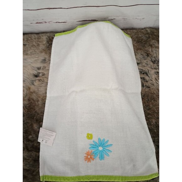 White Cotton Hand Towels With Blue Orange Floral Embroidery Green Polka Dot Trim - Picture 4 of 6